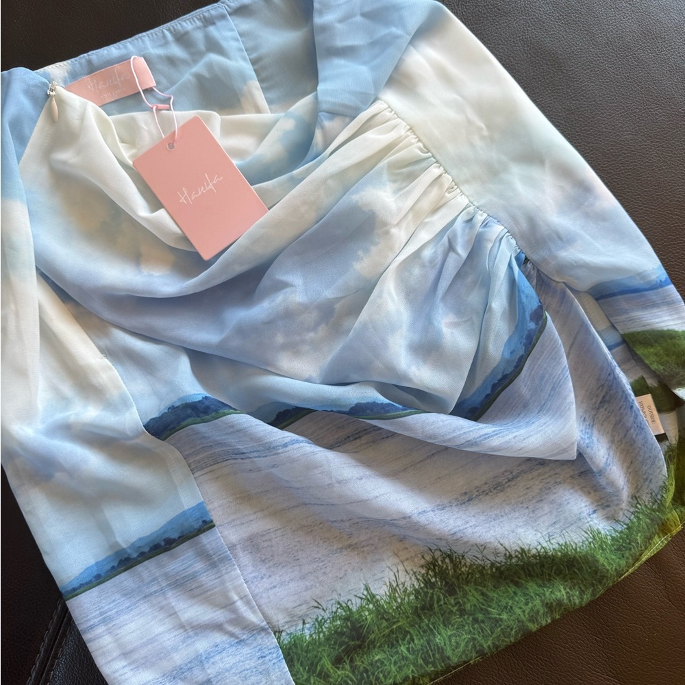 Hanifa Mai Mini Skirt : Blue & Green Congo River Graphic.